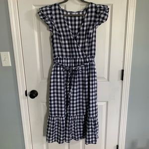 Blue Checkered Flutter Sleeve Midi Dress